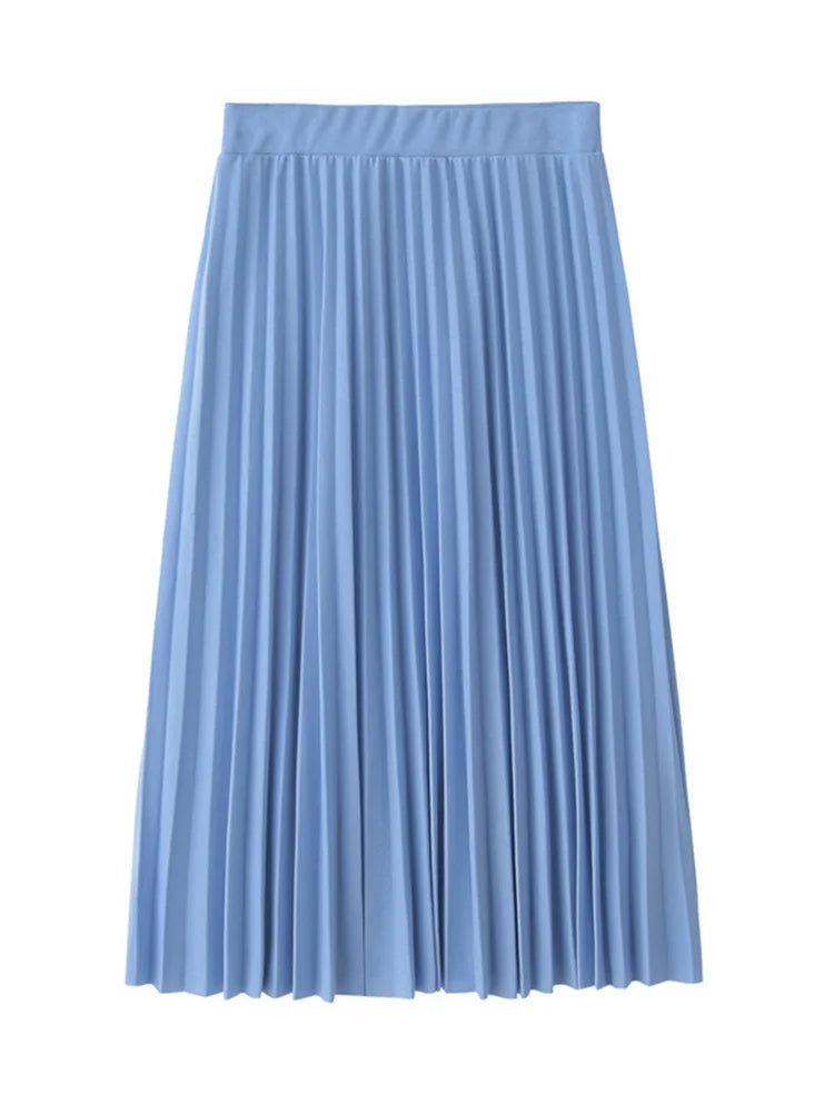 High Waist Pleated Skirt For Women Solid Color Elastic