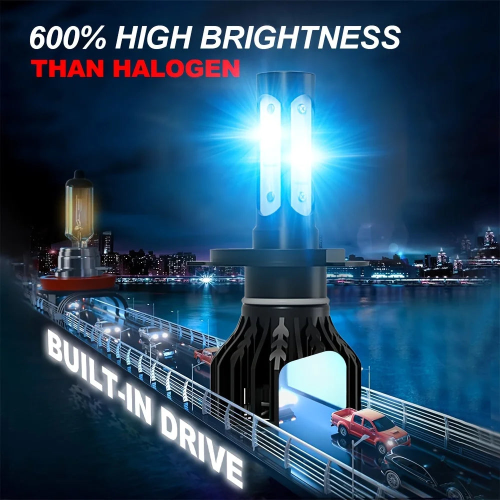Ice Blue Universal LED Headlights 28000LM 4-Side COB 200W 360° Beam for Cars
