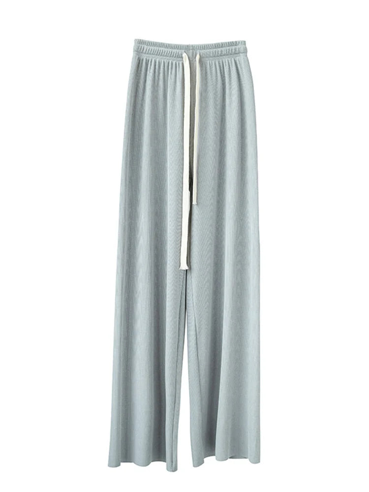 Summer Lace Up Wide Leg High Waist Pants for Women Ice Silk
