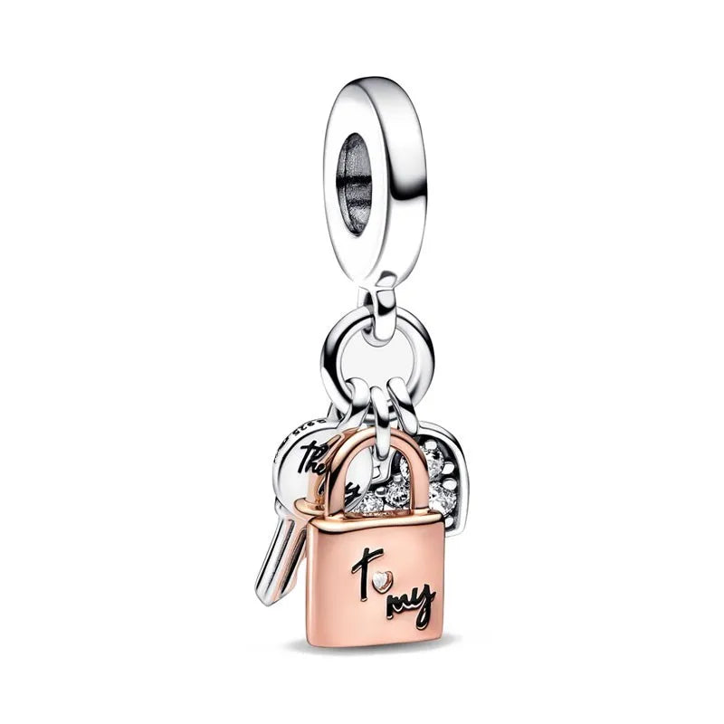 Rose Gold Padlock Heart Key Pendant Necklace for Women 925 Silver with Zircon Beads P1479