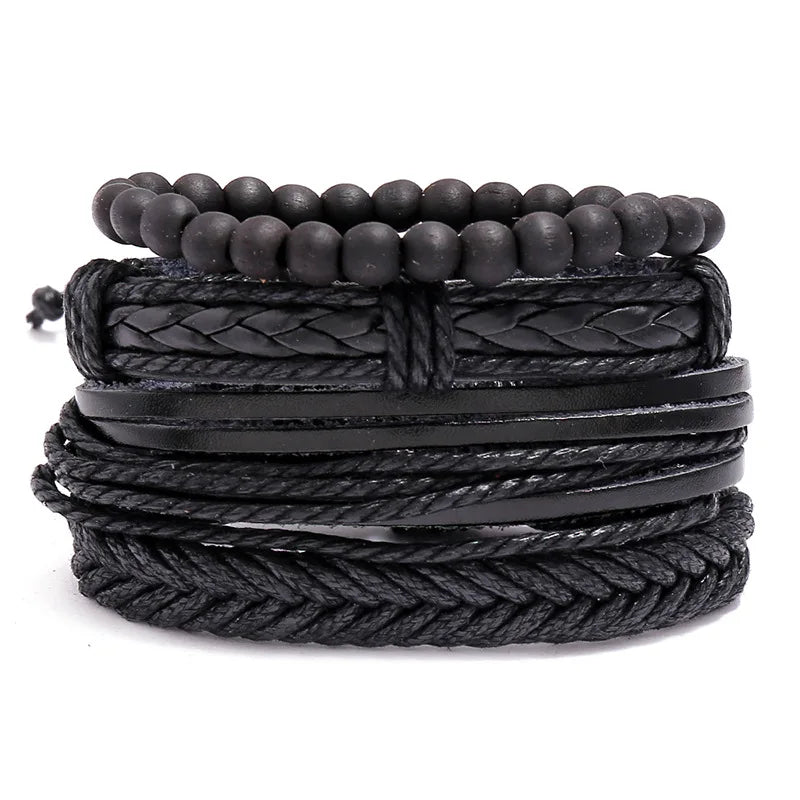 ZORCVENS Men's Handmade Braided Leather Bracelet Set - Vintage Black Punk Fashion Gift
