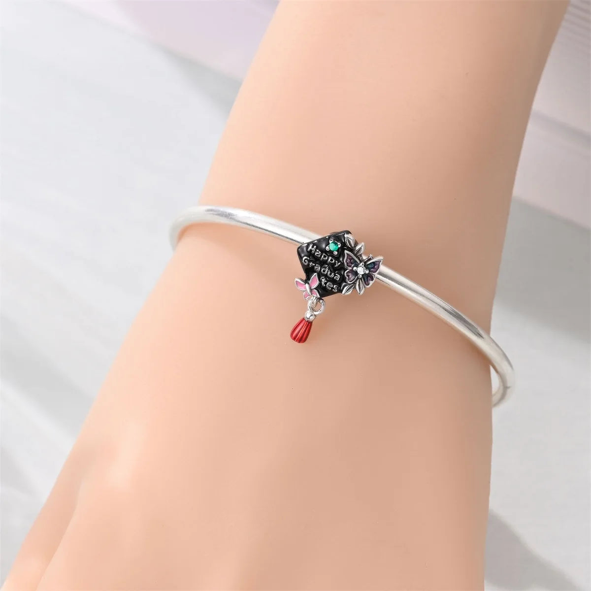 925 Sterling Silver Graduation Mortarboard Charm with Zircon Beads for DIY Bracelet Fine Jewelry Gift