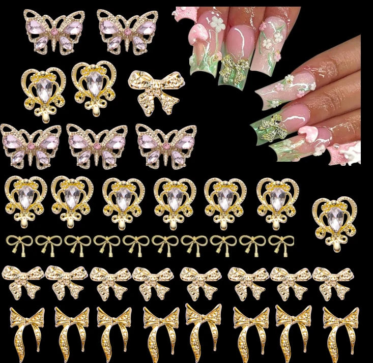 80Pc Gold 3D Nail Charms Kit Crown Butterfly Cross Crystal