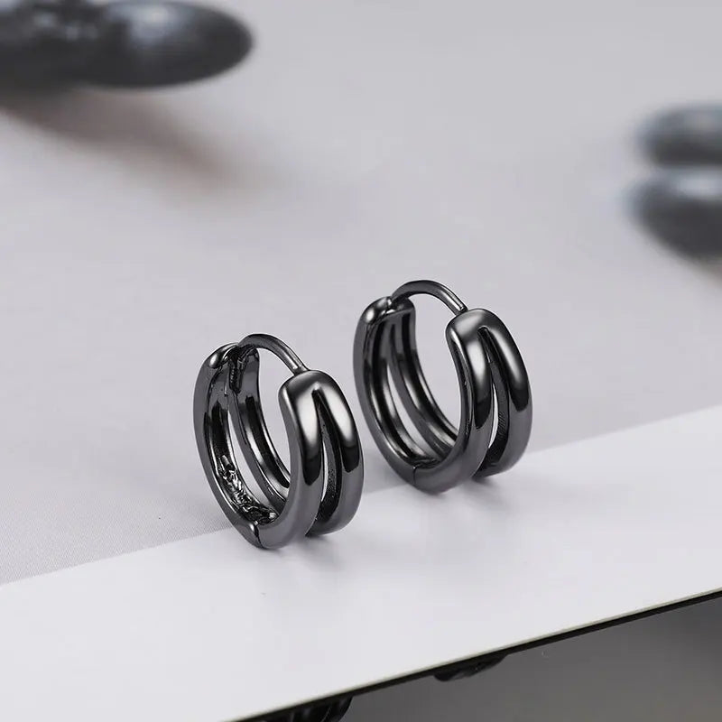 Hollow Double Ring Small Hoop Earrings for Men and Women - Trendy Black Silver Hip Hop Gothic Ear Jewelry