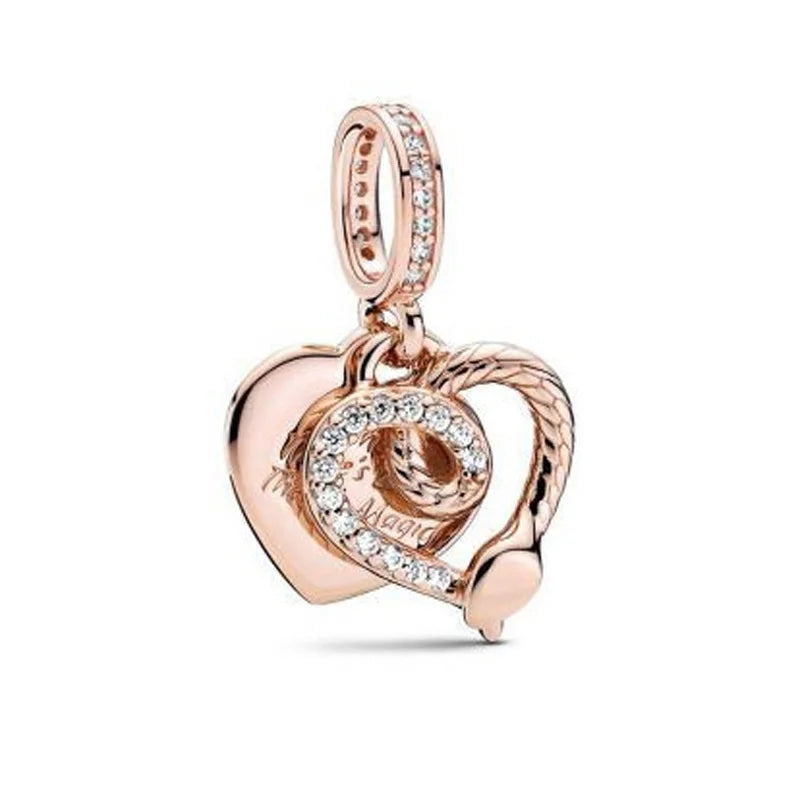 Rose Gold Padlock Heart Key Pendant Necklace for Women 925 Silver with Zircon Beads P1071