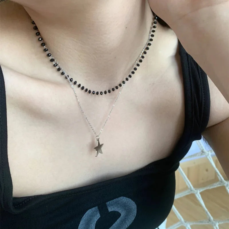 Kpop Goth Y2K Star Pendant Silver Chain Necklace for Unisex Grunge Emo Fashion