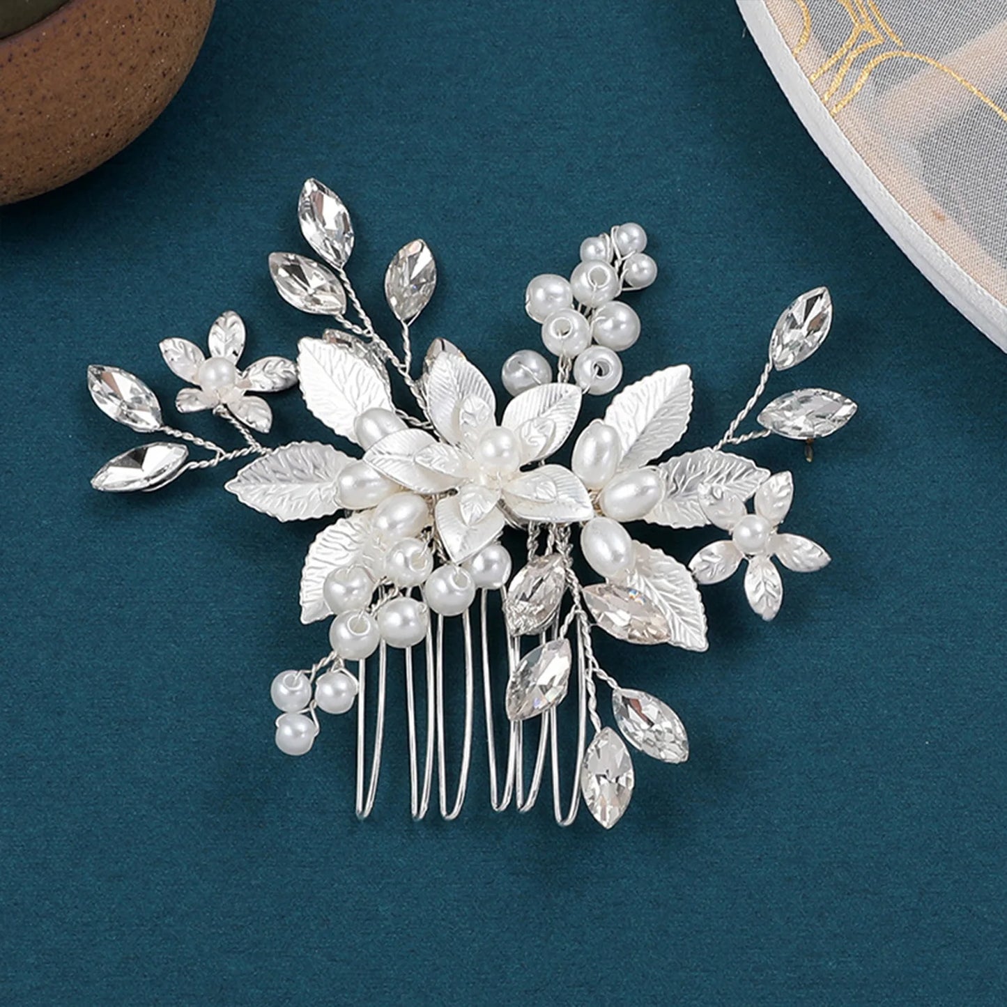 Crystal Pearl Leaf Hair Comb Clip - Handmade Wedding Tiara for Brides Style 10