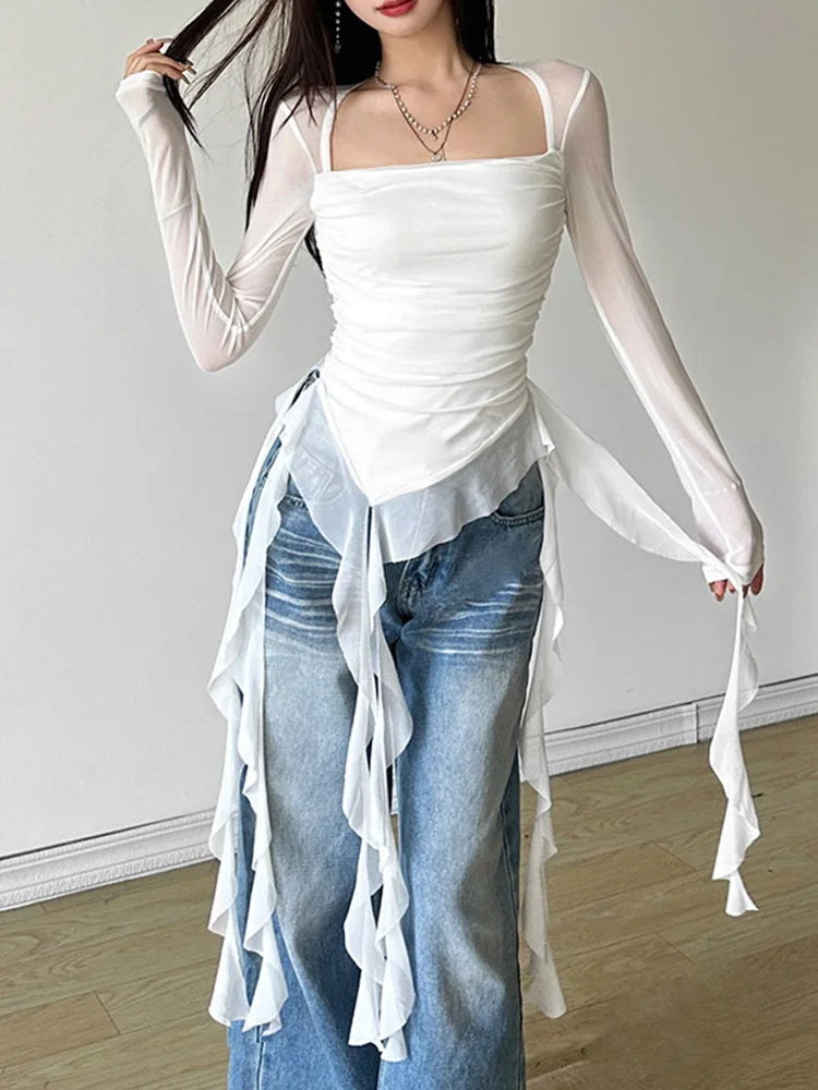 Sexy Slash Neck Off Shoulder Gauze Tee Women Y2K Grunge Top