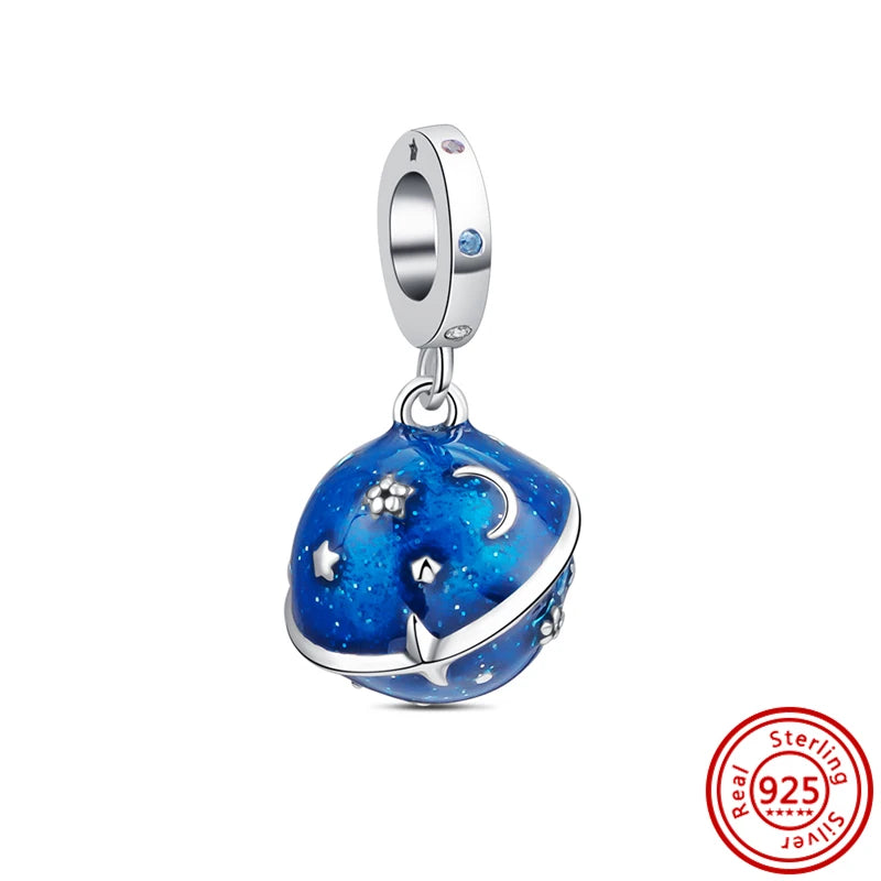 Sterling Silver Blue Zircon Feather Crown Moon Pendant Charm Bracelet Beads ZC059 3mm-4mm