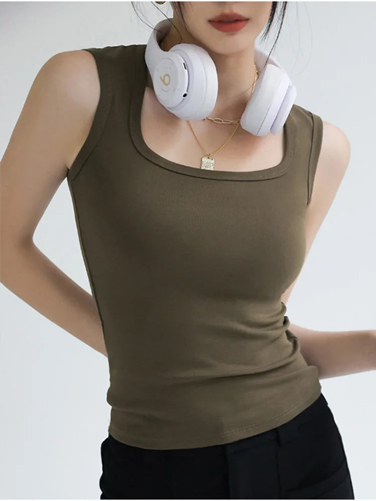 Women Ribbed U Neck Tank Top Cotton Blend Basic Summer