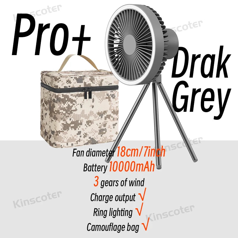 Rechargeable Portable Camping Fan with 10000mAh Power Bank and LED Light Pro Grey with BAG