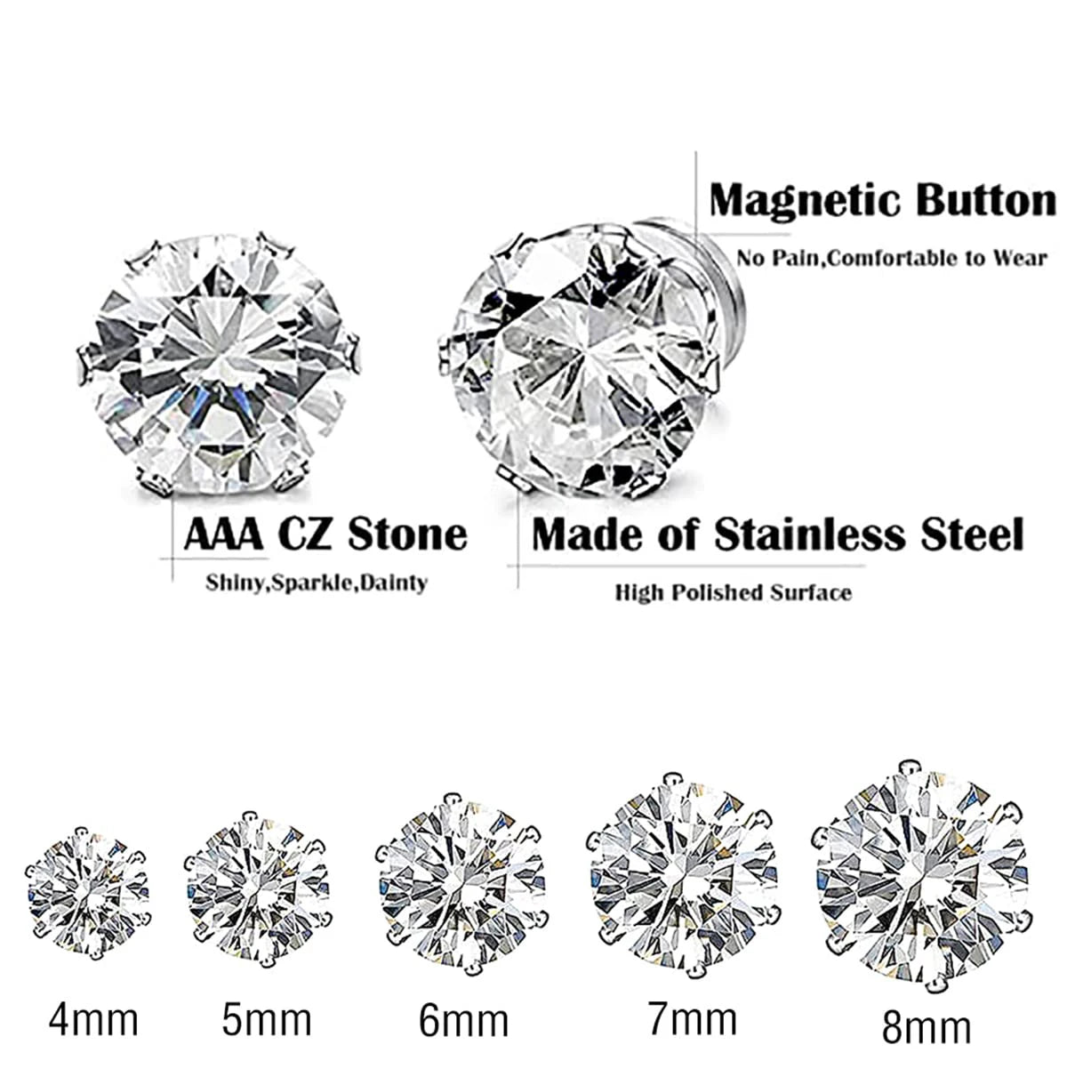 2PC Magnetic Clip-On Zircon Earrings for Unisex Easy Wear Punk Style Non-Piercing Jewelry
