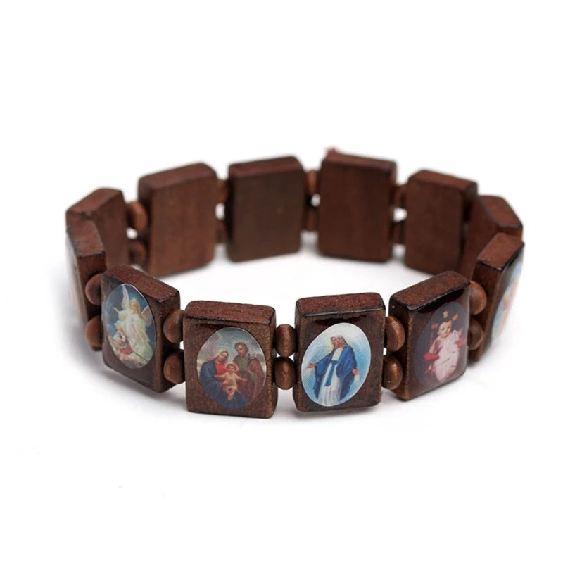 Colorful Wooden Rosary Bracelet with Elastic Beaded Design for Religious Devotion