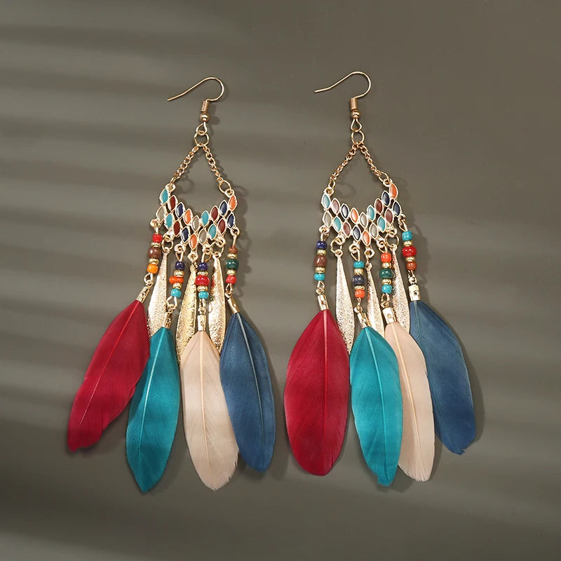 Bohemian Long Feather Drop Earrings with Tassel Beads and Enamel Flowers for Women