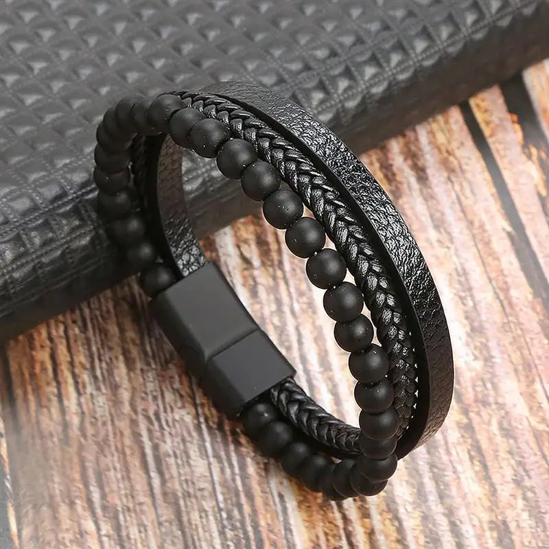Men's Leather Bracelet with Stainless Steel Tree of Life Charm - Stylish Multi-Layer Fashion Accessory
