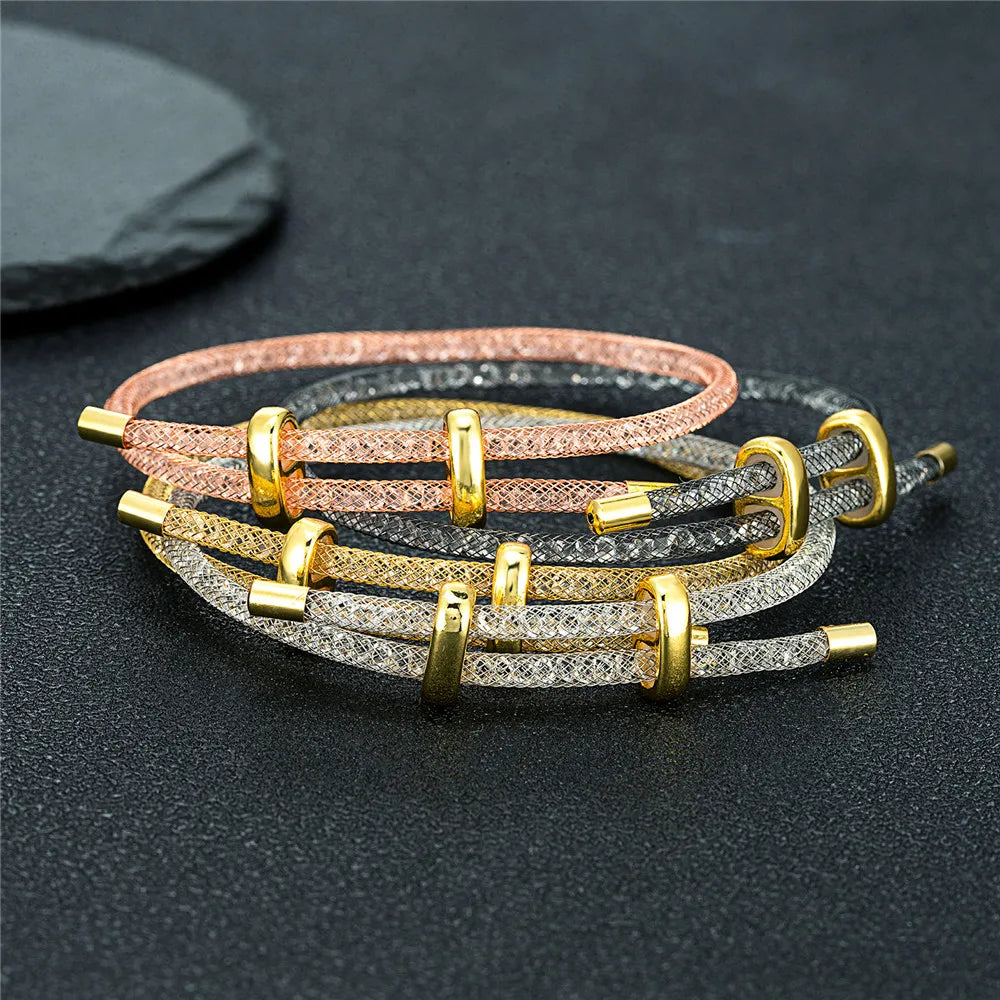Elegant Crystal Mesh Couple Bracelet Set for Men and Women - Waterproof Friendship Jewelry Gift