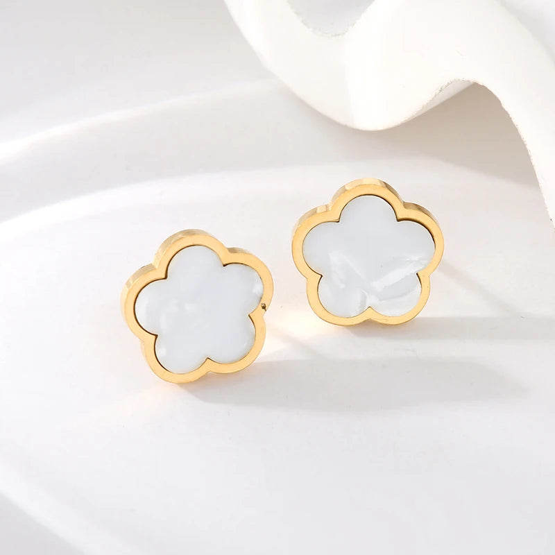Ganemly 316L Stainless Steel Black Five Leaf Clover Stud Earrings for Women Trendy Waterproof Ear Jewelry Gift