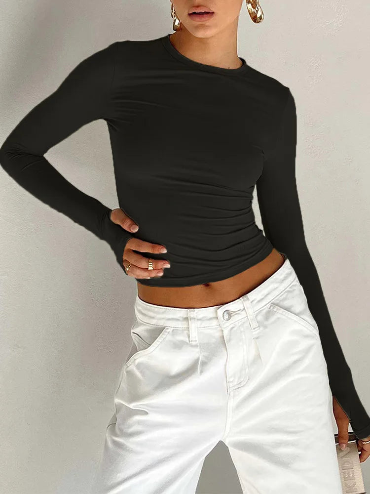 Dozw Women Long Sleeve Crew Neck Crop Top With Thumb Holes