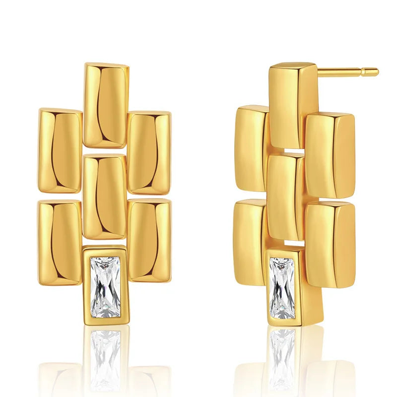 2023 Geometric Metal Splicing Women's Stud Earrings with Zircon Accent Fashion Jewelry Accessories