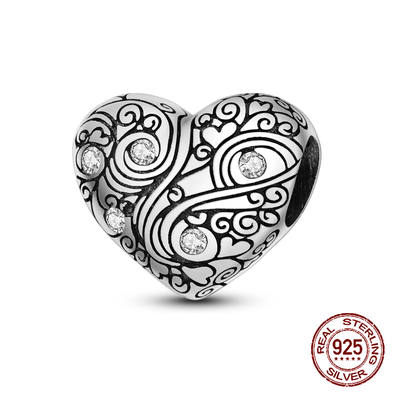 Inlaid Zircon Heart Charm Beads 925 Sterling Silver Dangle for Bracelets SMC2705