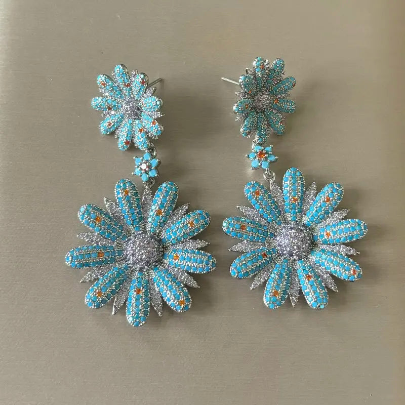 Bilincolor Luxury Blue Flower Drop Earrings for Women - Elegant Wedding Jewelry Gift