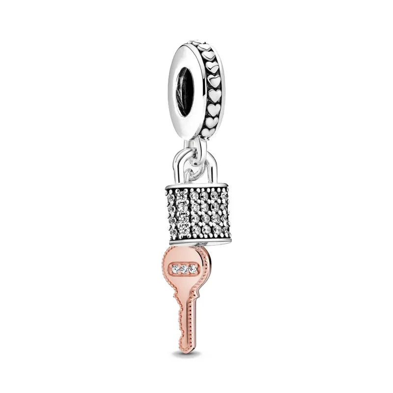 Rose Gold Padlock Heart Key Pendant Necklace for Women 925 Silver with Zircon Beads P070