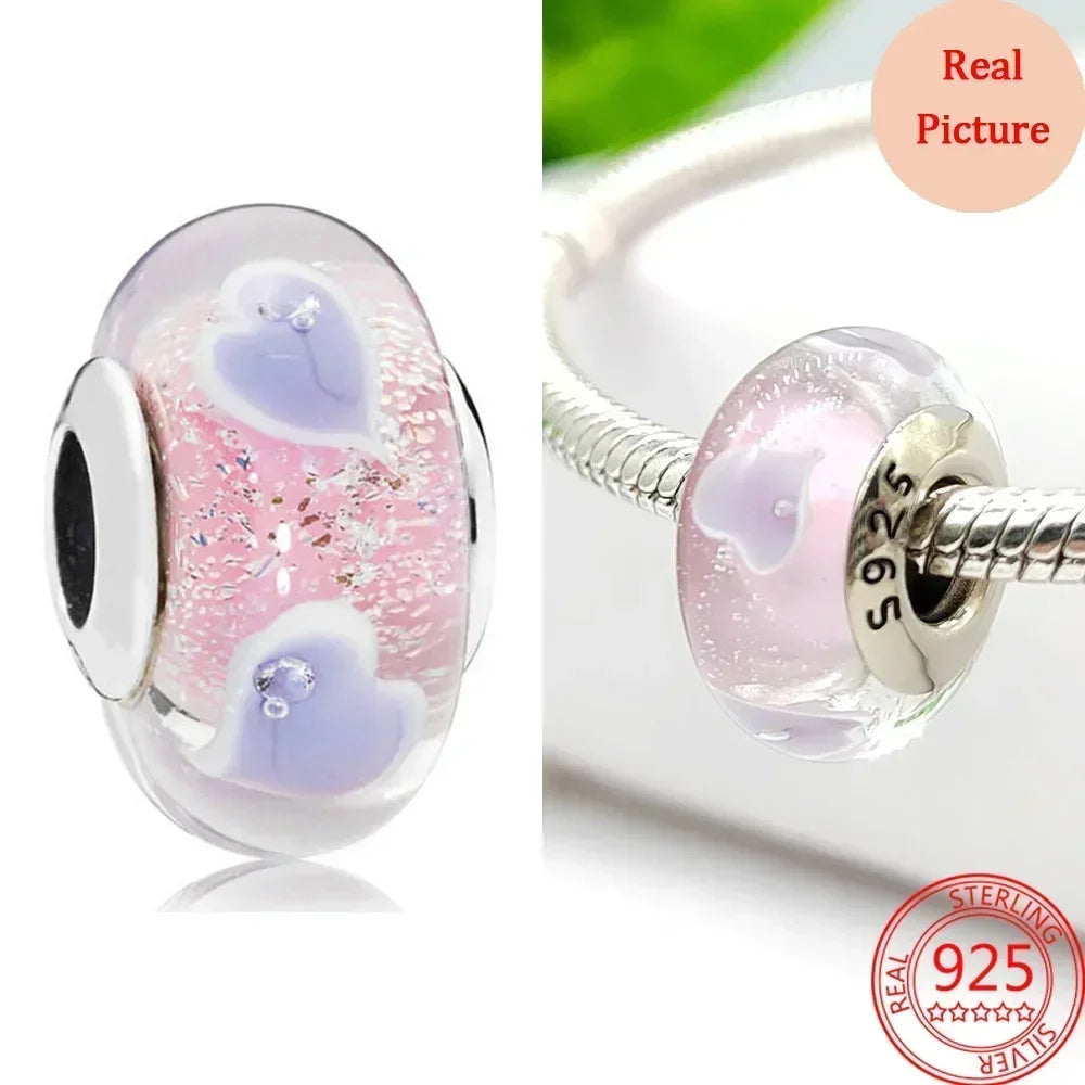 Sterling Silver Purple Murano Pansy Flower Dangle Charm for Women Bracelet and Necklace Jewelry Gift