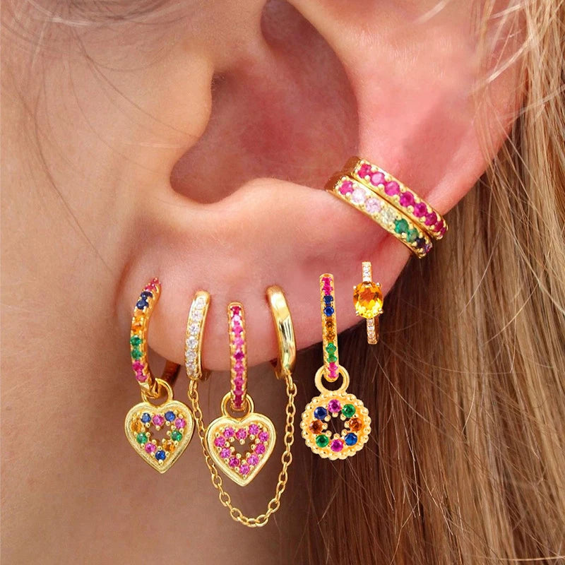 Colorful Crystal Heart Hoop Earrings for Women in Stainless Steel with 14k Gold Plating and Cubic Zirconia Luxury Jewelry