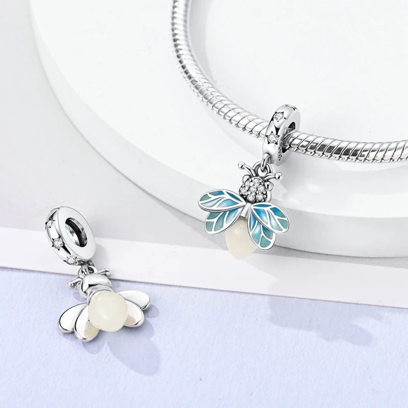 Glowing Firefly Butterfly Charm Bead 925 Sterling Silver Pendant for Bracelets