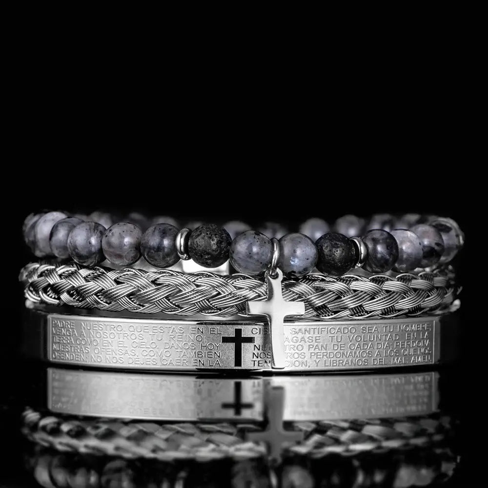 3pcs Set Men Stainless Steel Carving Bangle Cross Bracelet