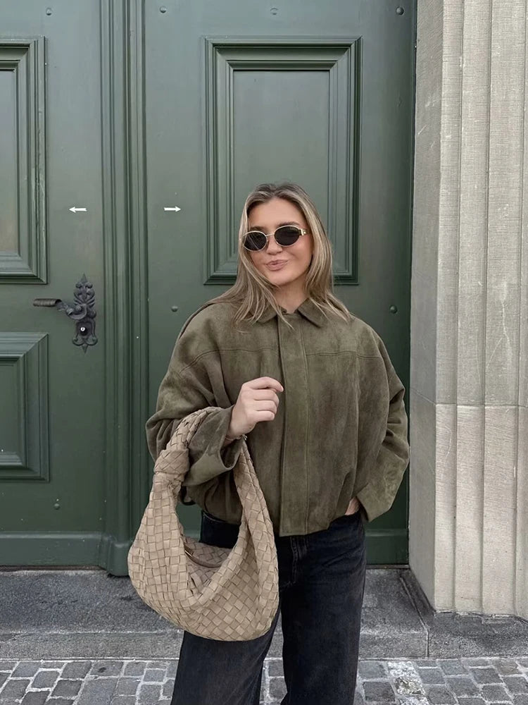 Green Suede Leather Women Bomber Jacket With Zipper Pockets