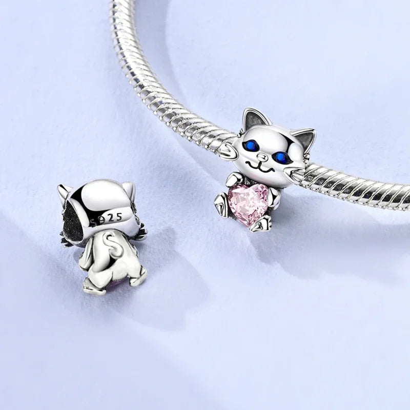 Sterling Silver Cat and Flower Heart Charm for DIY Bracelet Jewelry KTC676-PK