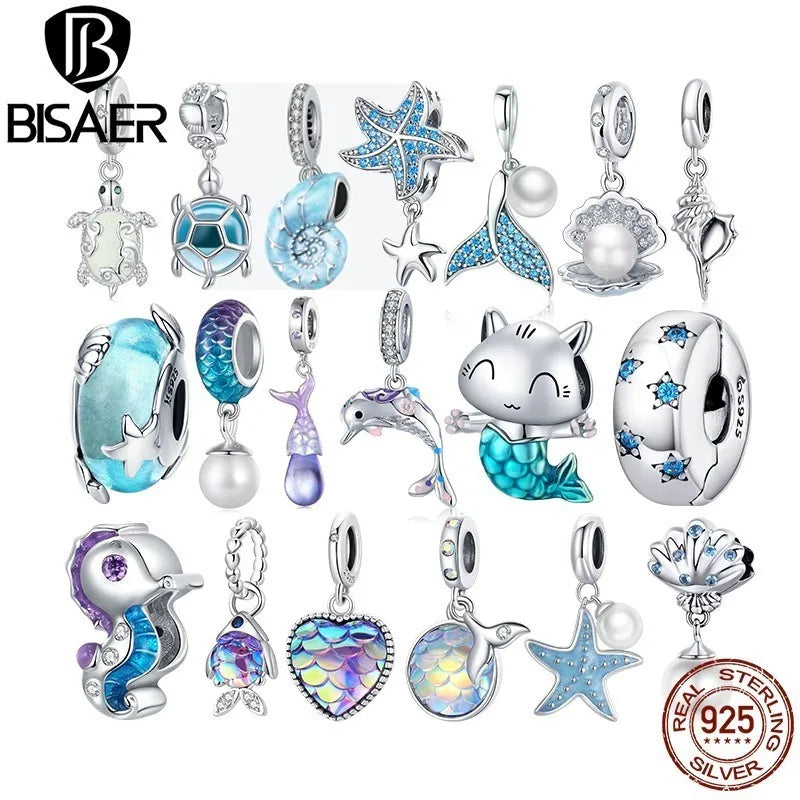 BISAER Ocean Charm 925 Sterling Silver Dolphin and Mermaid Bead with Blue CZ for DIY Jewelry