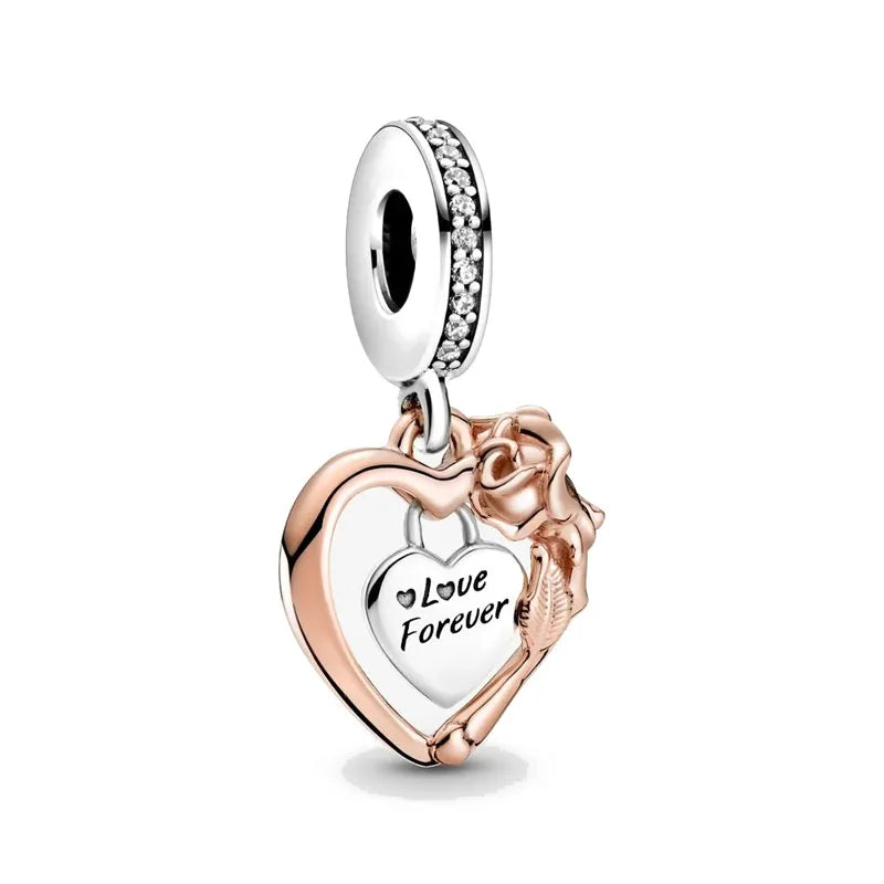 Rose Gold Padlock Heart Key Pendant Necklace for Women 925 Silver with Zircon Beads P372