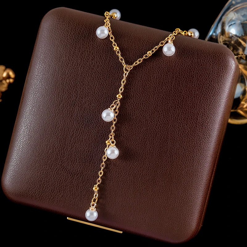 Ganemly Elegant 316L Stainless Steel Double Layer Pearl Necklace for Women 18K Gold Plated Waterproof Fashion Jewelry