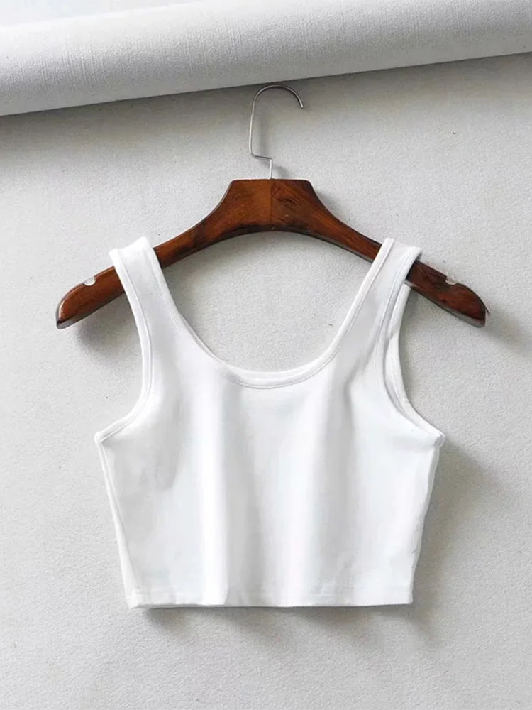 Sexy Women Summer Sleeveless Cotton Knit Crop Top U Collar