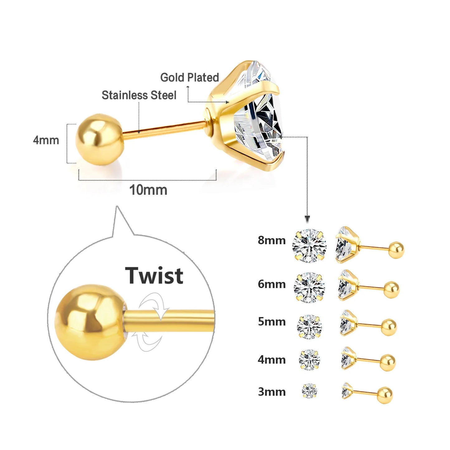 LUXUSTEEL Men's Crystal Zircon Stud Earrings 316L Stainless Steel Anti Allergic Cartilage Piercing 3-8mm