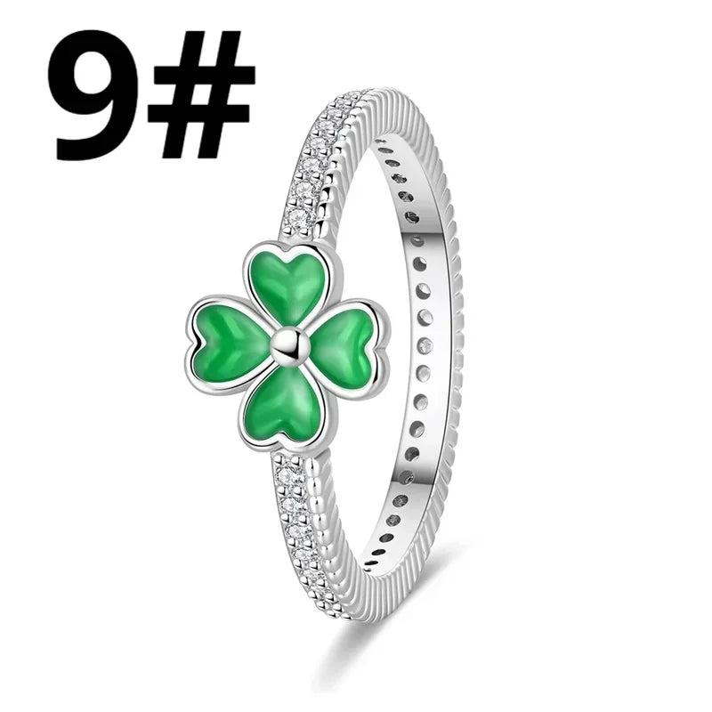 Green Series Sterling Silver Lucky Four Leaf Clover Charms with Zircon Beach Beads for Bracelets and Necklaces