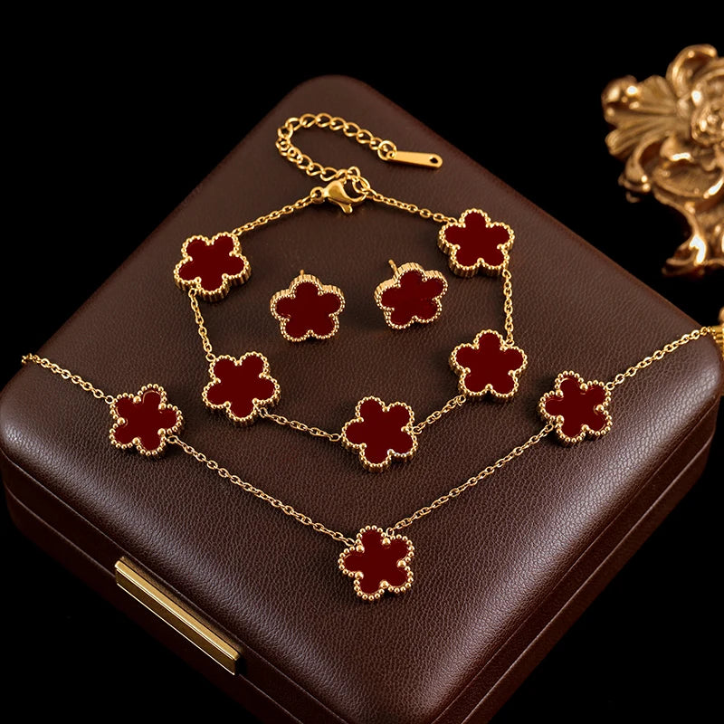 Ganemly 316L Stainless Steel Four Color Five Leaf Clover Flower Jewelry Set for Women