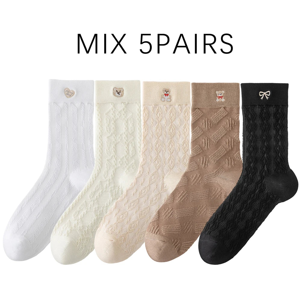Kawaii Japanese Embroidered Cotton Mid Calf Socks 5 Pairs