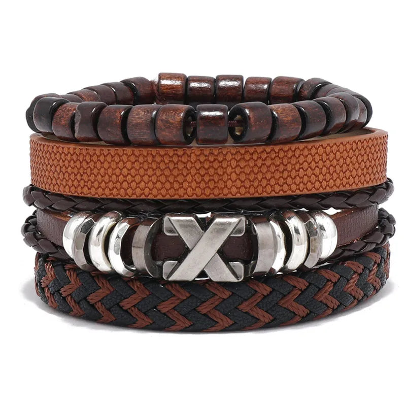 ZORCVENS Men's Handmade Braided Leather Bracelet Set - Vintage Black Punk Fashion Gift