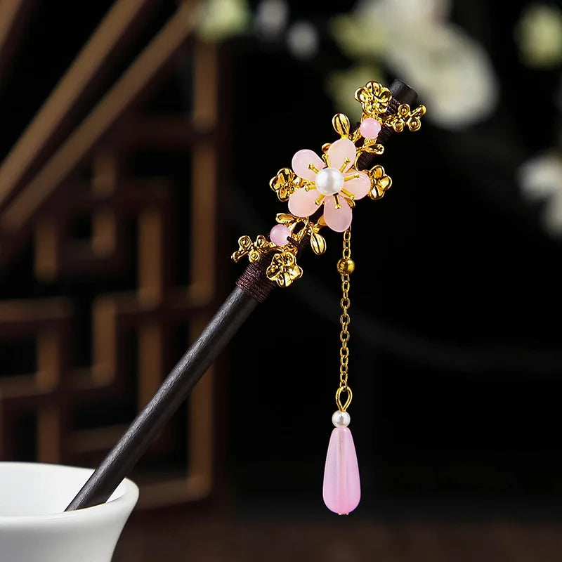 Vintage 2024 Wooden Hair Stick With Tassel Chinese Winding Flower Hairpin