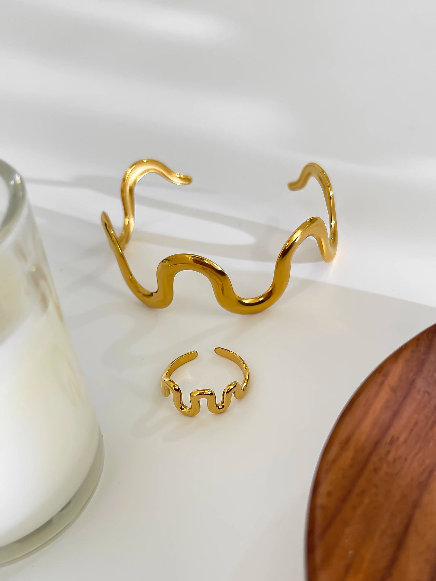 Elegant Wave Design 18K Gold Plated Stainless Steel Jewelry Set for Women