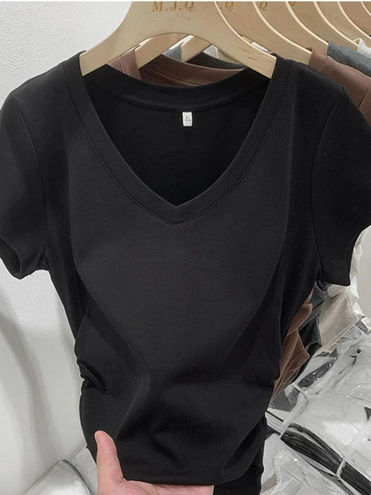 Dozw Women V Neck Elastic Korean Short Sleeve Summer Top