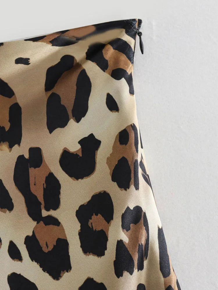 Leopard Print Satin Midi Skirt High Waist For Women Summer