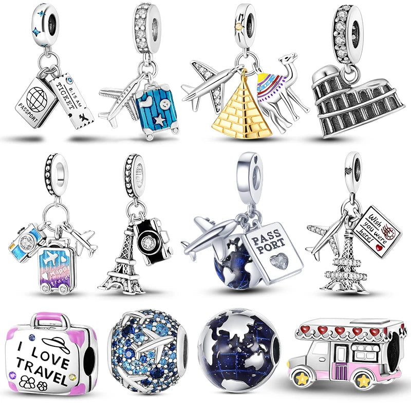 925 Silver Paris Plane Travel Charms for Bracelet Jewelry