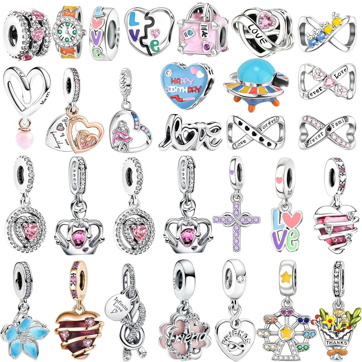 925 Sterling Silver Colorful Infinite Heart Flower Charms with Zircon for Pendant Bracelet Necklace DIY Fine Jewelry