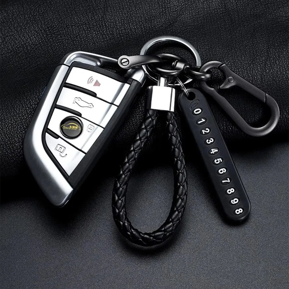 Trendy Keychain Pendant DIY Mobile Phone Number Plate with Woven Leather Rope Anti Lost Car Key Accessory for Men