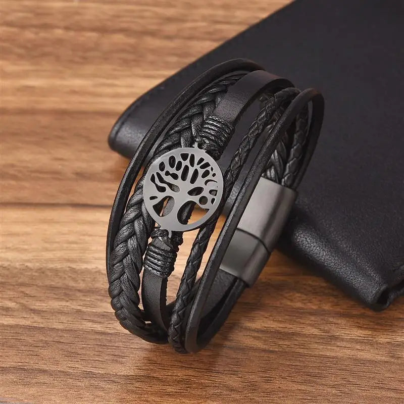 Men's Leather Bracelet with Stainless Steel Tree of Life Charm - Stylish Multi-Layer Fashion Accessory