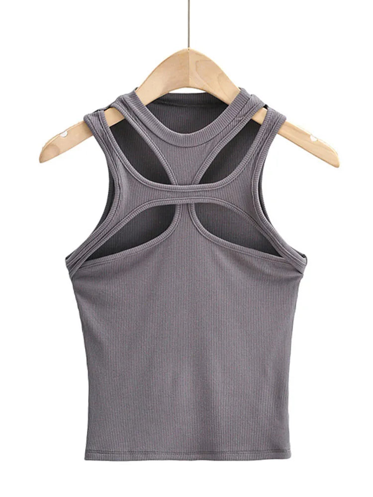Girls Hollow Knit Tank Top Asymmetrical Round Neck Summer